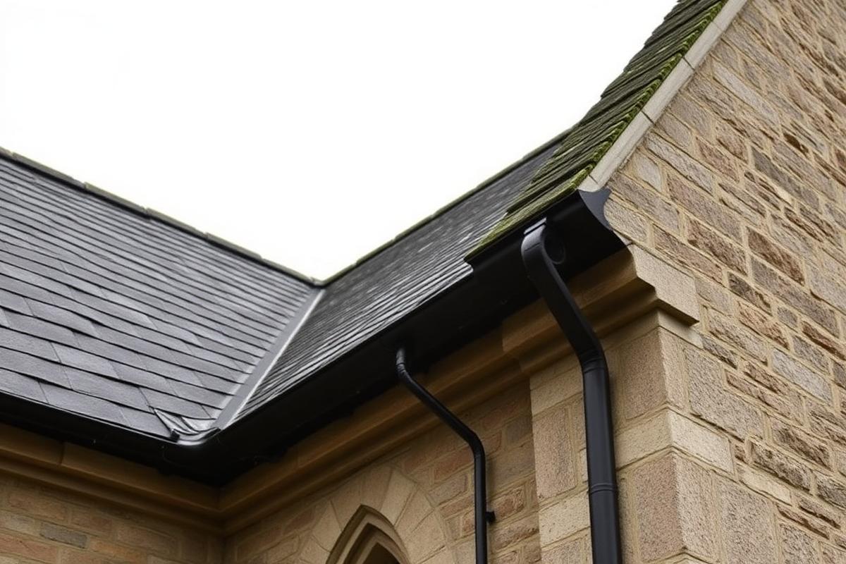 Renewed lead valley and reclaimed slate repairs on the roof of a Cumbrian village church