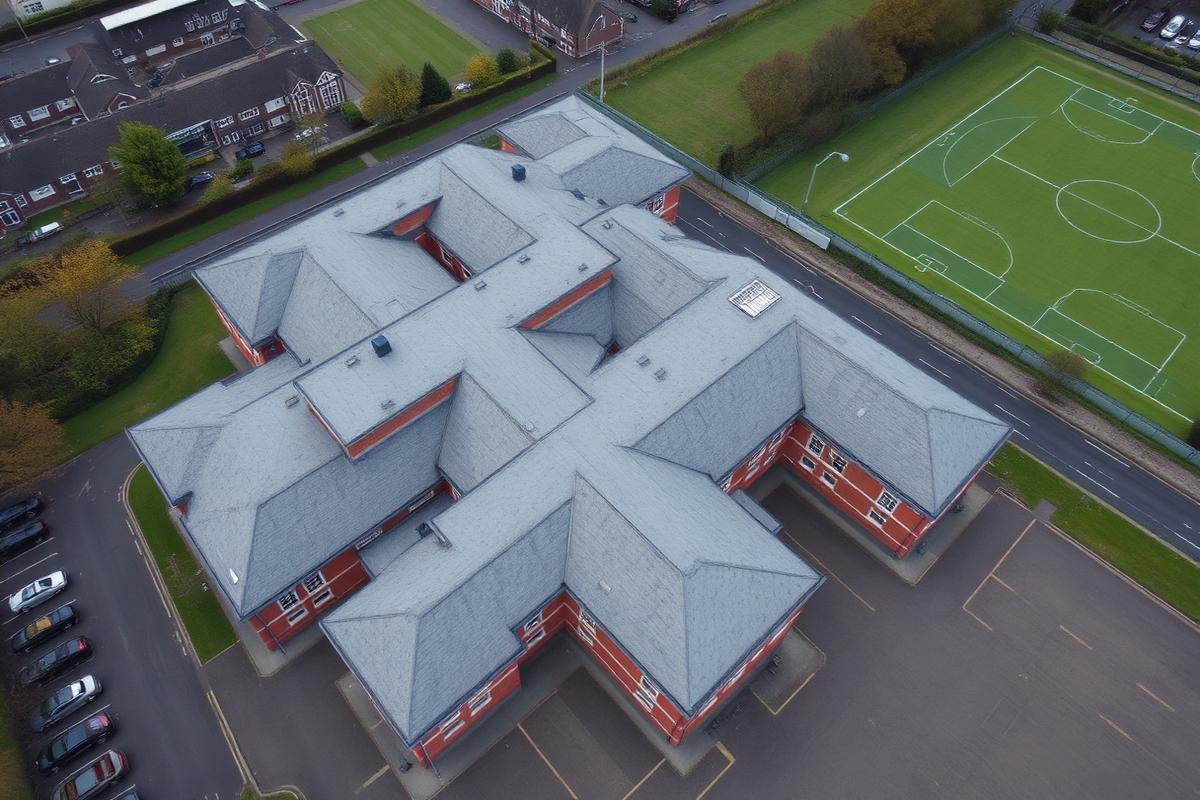 Aerial drone survey view of pitched and flat roofs across a school estate in Cumbria