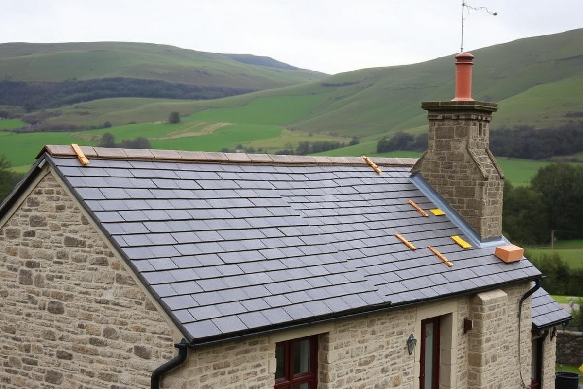 Completed natural slate re-roof on an exposed stone farmhouse in the Eden Valley