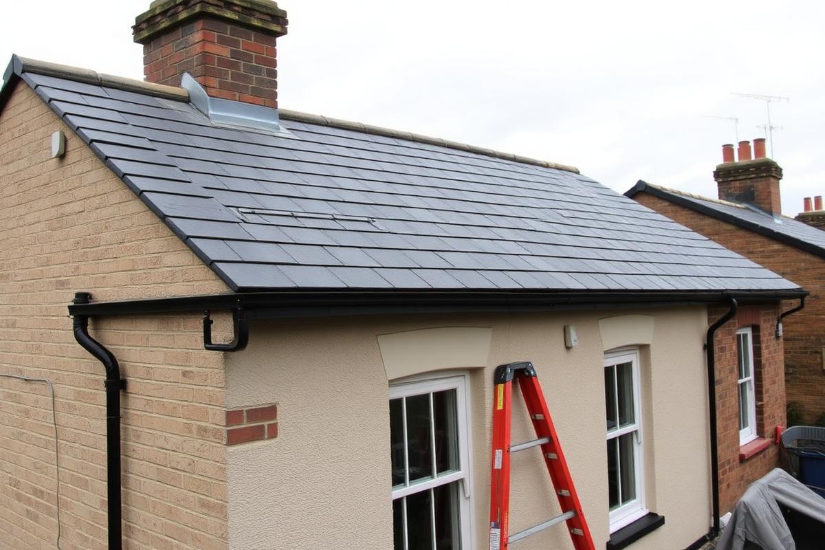 Re-slated section of a Victorian terrace roof in Carlisle after storm-slipped slates were replaced